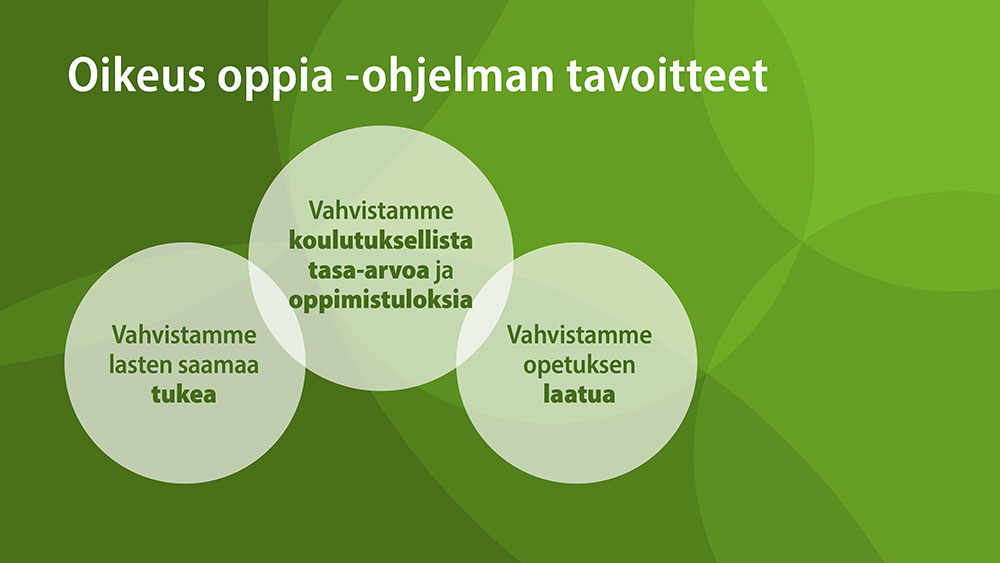 Koottuna Oikeus oppia -ohjelman tavoitteet: Vahvstamme koulutuksellista tasa-arvoa ja oppimistuloksia, vahvistamme lasten saamaa tukea, vahvistamme opetuksen laatua.