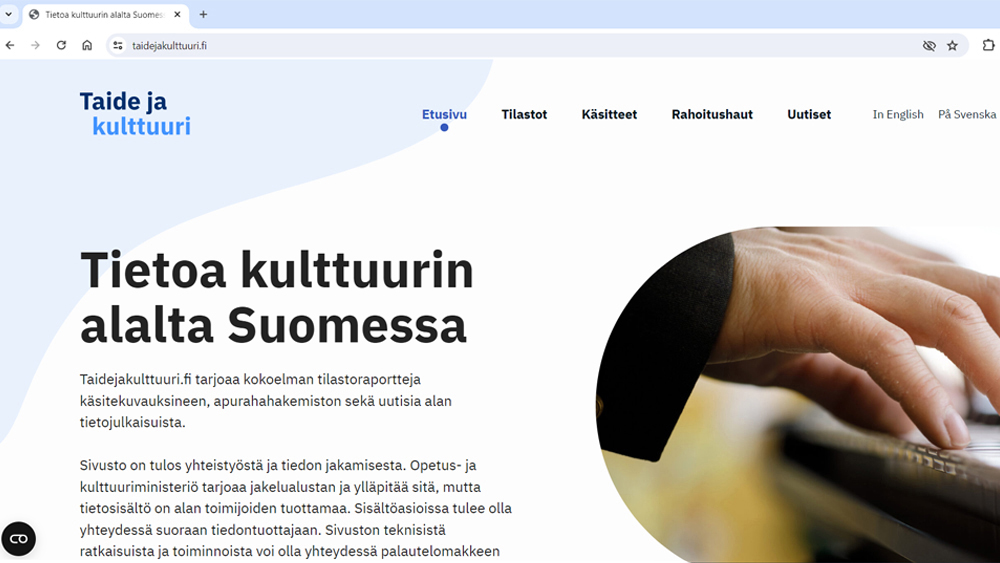 Näytönkaappauskuva taidejakulttuuri.fi-palvelun avaussivusta.