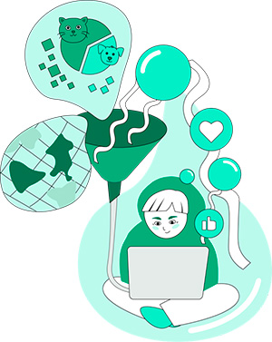 Piirroksessa henkilö käyttää tekoälyä tietokoneella. Keskiössä on suppilo, joka kuvastaa tekoälyn koulutusta. Suppilon yläpuolella olevat kuvat symboloivat erilaisia koulutusdata-aineistoja. Suppilosta tietokoneeseen kulkeva johto havainnollistaa koulutuksen ja käytön välistä yhteyttä. Vuorovaikutus ei kuitenkaan ole yksisuuntaista: henkilö tuottaa “tykkäyksiä”, jotka palaavat järjestelmään ja vaikuttavat sen oppimiseen. Näin syntyy jatkuva silmukka ihmisen toiminnan ja tekoälyn kehityksen välille. Kuva tuo esiin myös tekoälyn alkuperän ja vinoumien riskin. Karttapallo näyttää vain osan maailmasta, ja aineisto sisältää enemmän kissoja kuin koiria. Nämä elementit korostavat, että tekoäly heijastaa käytettävissä olevan datan rajoitteita ja epätasapainoja. Kuva havainnollistaa myös tekoälyn vaikutuksia ihmisen toimintaan. Henkilö on kuplan sisällä, ja sama kuplateema jatkuu tykkäysten ympärillä. Tämä viittaa siihen, että tekoäly voi ohjata havaintoja, vahvistaa olemassa olevia malleja ja kaventaa näkökulmia.