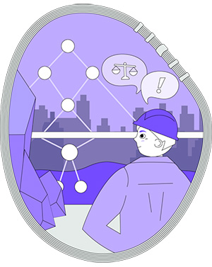 Piirroksessa tekoäly esitetään yhteiskunnallisessa kontekstissa käyttämällä siltaa vertauskuvana korostaen rakentamiseen liittyviä riskejä, sääntelyä ja roolia osana yhteiskunnan rakenteita. Sillan ympärillä käytävä keskustelu tuo esiin tekoälyyn liittyviä eettiset kysymykset ja tarpeen yhteisille pelisäännöille. Lisäksi kuva havainnollistaa tekoälyn kytkeytymistä ympäristövaikutuksiin ja taustalla olevaan infrastruktuuriin.