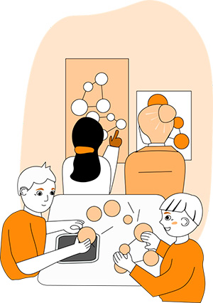 Piirroksessa tekoälyn käyttäminen ja soveltaminen näkyy yhteisöllisenä toimintana, jossa verkkomallin rakentaminen tekee käytöstä konkreettista ja muokattavaa. Eri osaamistasojen käyttäjät korostavat, että tekoälyn hyödyntäminen kuuluu kaikille ja roolit täydentävät toisiaan. Kuvassa painottuu yhteistyön, tiedon jakamisen ja yhteisöllisen toiminnan merkitystä tekoälyn vaikuttavassa käytössä.