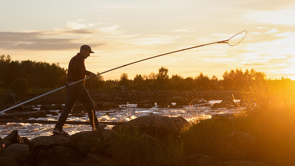 Man med håvfiskeutrustning