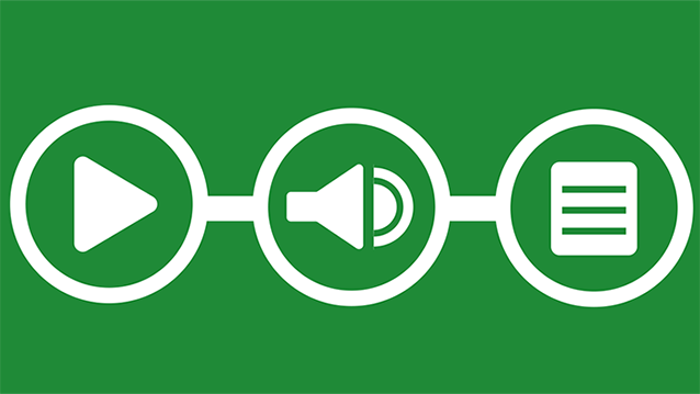 Avoimien oppimateriaalien kirjaston tunnus, jossa vihreällä pohjalla video-, audio, ja tiedostokuvakkeet.