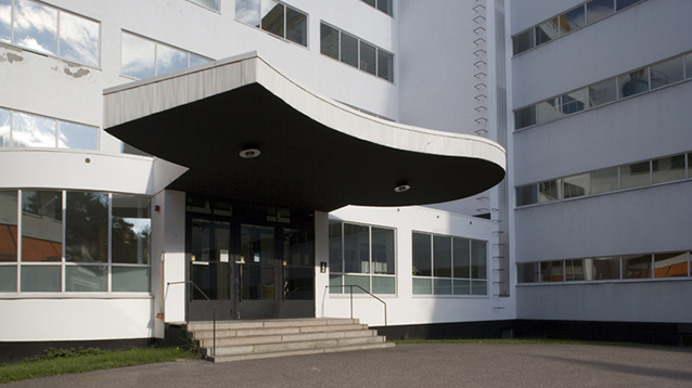 The main entrance of the Paimio Sanatorium, Finland.