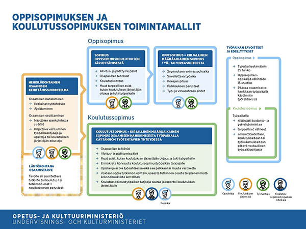 Oppisopimuksen ja koulutussopimuksen toimintamallit.