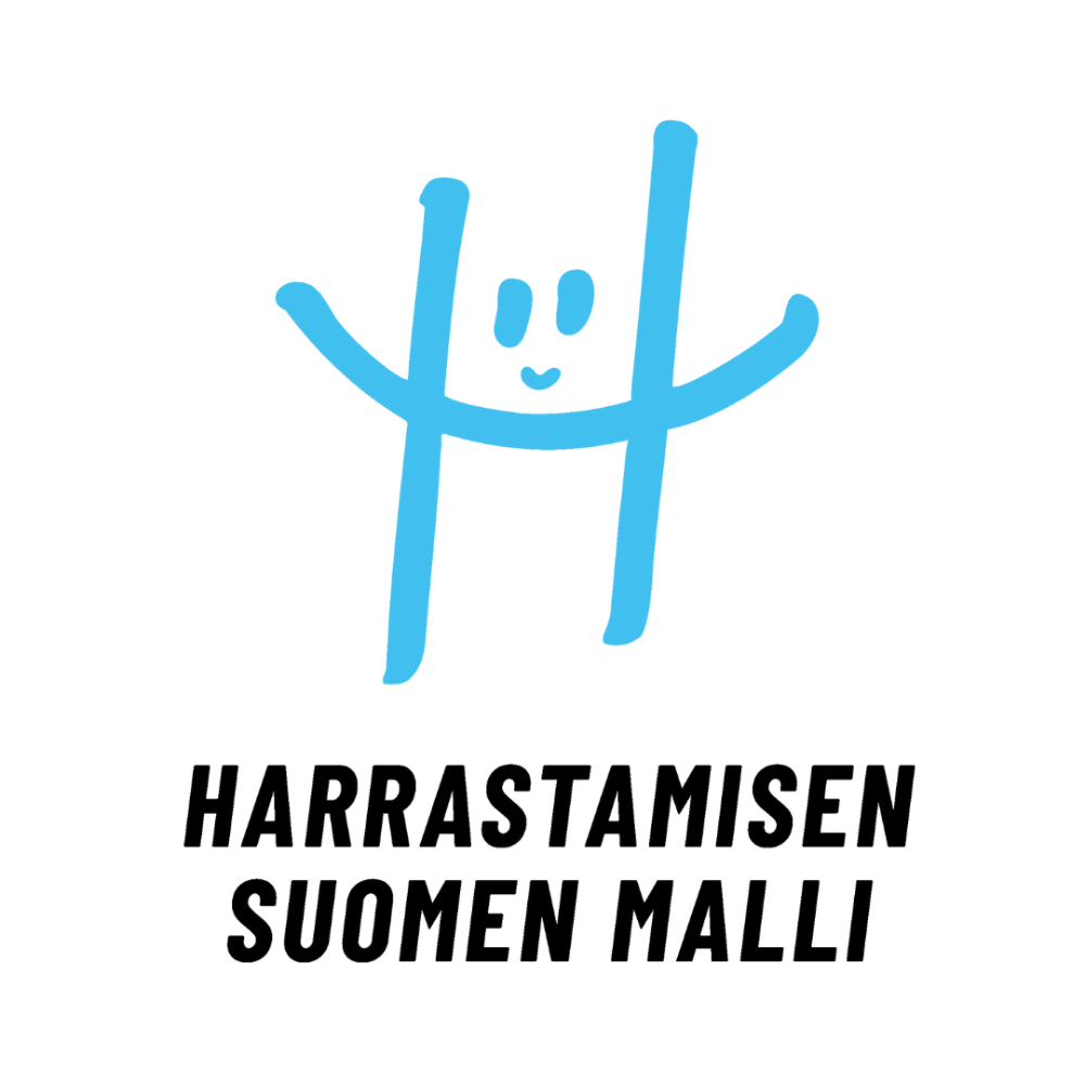 Harrastamisen Suomen mallin H-hahmo. Ihmishahmoa muistuttava iloinen sininen H-kirjain.